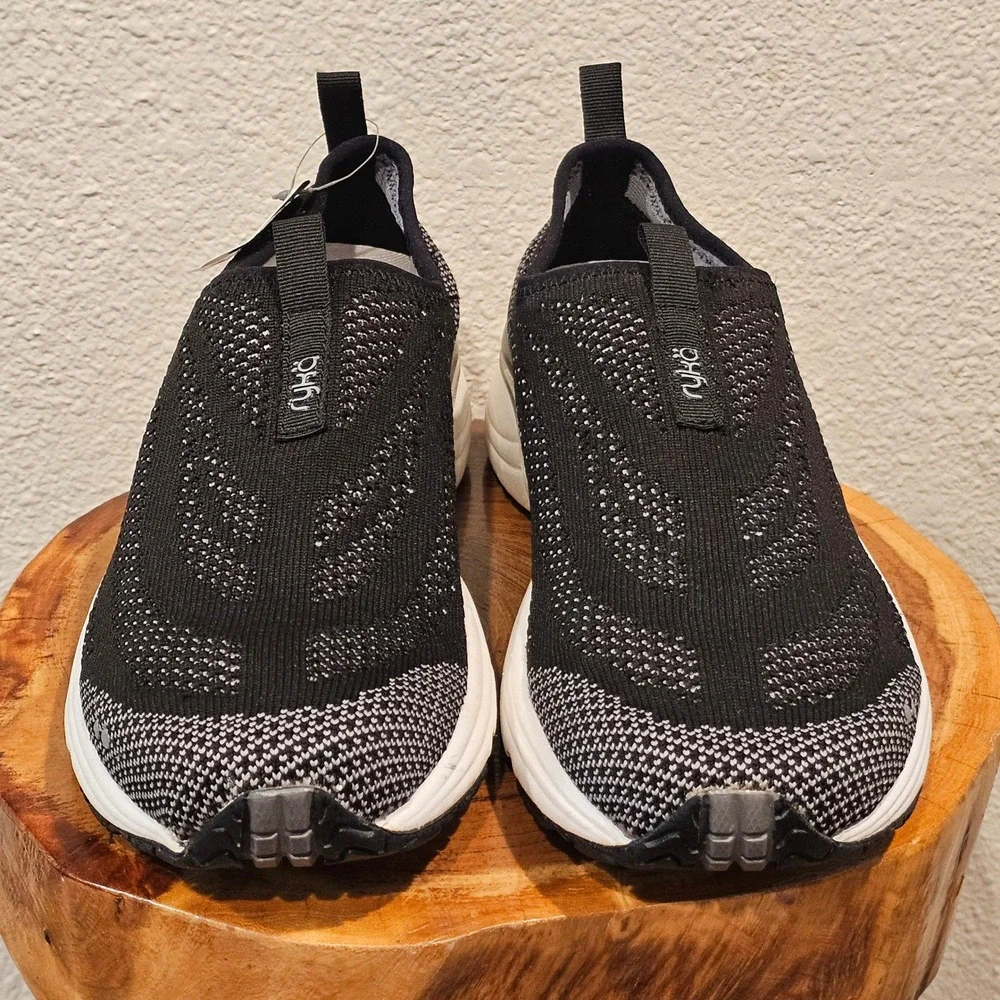 Ryka Hydrosphere Womens Black White Knit Slip On Walking Shoes Sneakers New 9M
